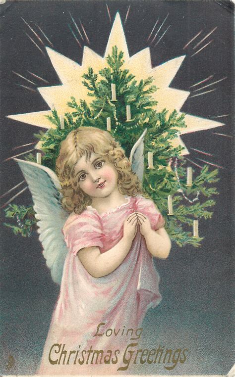 LOVING CHRISTMAS GREETINGS angel carries Xmas tree over her left shoulder, radiant star behind ...