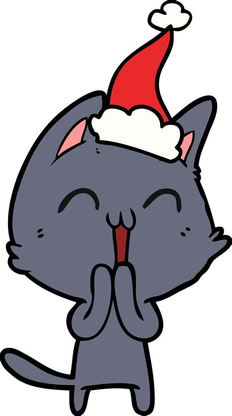 happy line drawing of a cat wearing santa hat 8938471 Vector Art at ...