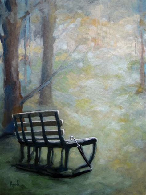 Park bench cool colors with umbrella landscape oil painting | Apple Arts