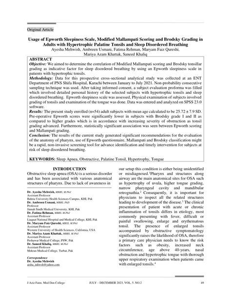 (PDF) Usage of Epworth Sleepiness Scale, Modified Mallampati Scoring and Brodsky Grading in ...