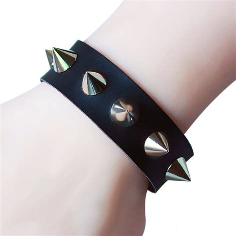 Fashion Punk Gothic Rock black Leather Rivet Stud Spike Bracelet Cuff Bangle Wristband for women ...