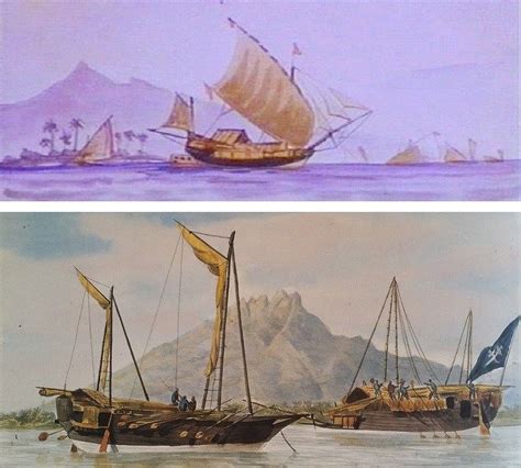 TOP: Javanese jong with added Western bowsprit, jibs and spanker, watercolour by Thomas Baines ...