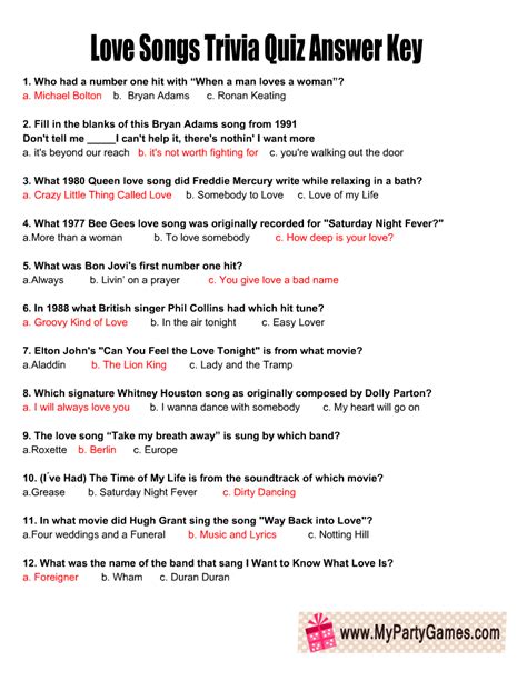 Free Printable Love Songs Trivia Quiz with Answer Key