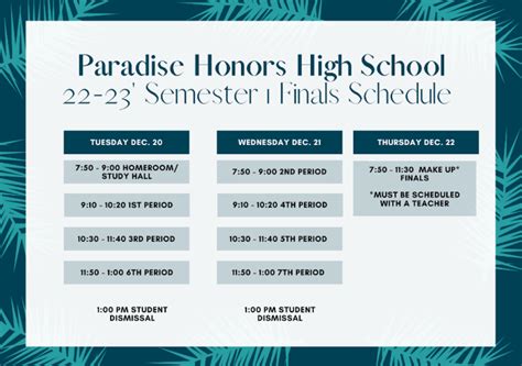 PHHS Semester 1 Finals Schedule | Paradise Honors High School