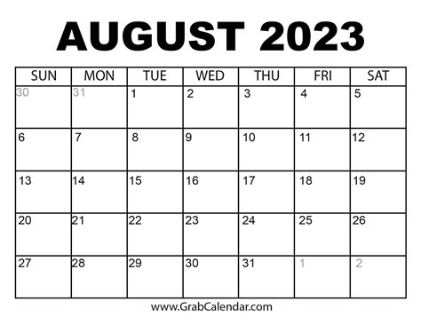 Month Of August 2023 Calendar - Templates Printable Free