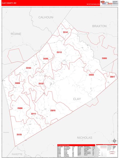 Clay County, WV Zip Code Wall Map Red Line Style by MarketMAPS - MapSales