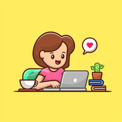 Woman Operating Laptop With Coffee Cartoon Vector Icon Illustration. People Technology Icon ...