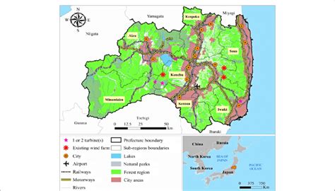 Location map of Fukushima prefecture, illustrating city areas, forests ...