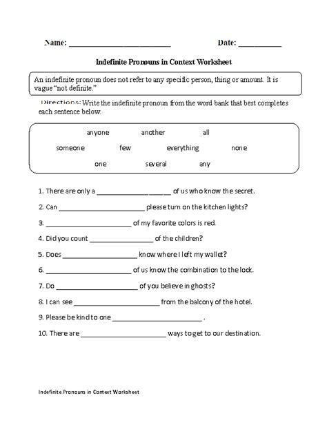 Indefinite Pronouns Worksheets | Indefinite Pronouns in Context Worksheet