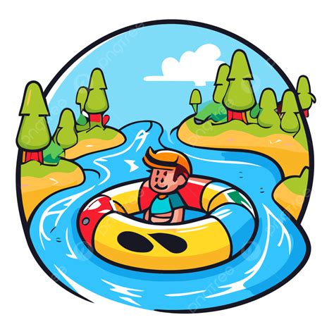 River Tubing, Sticker Clipart Inflate Character And Boy Boating On The ...