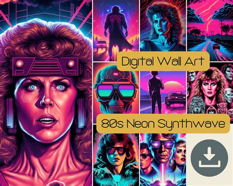 9 80s Synthwave Digital Wall Art, Printable Poster Home Decor, Neon Skull SVG Retro Vintage ...