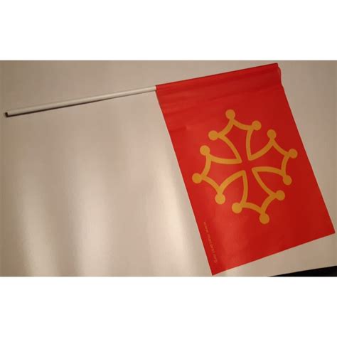 Occitan flag with PVC handle - Polyester 35 x 45 cm, Oc cross, Macarel