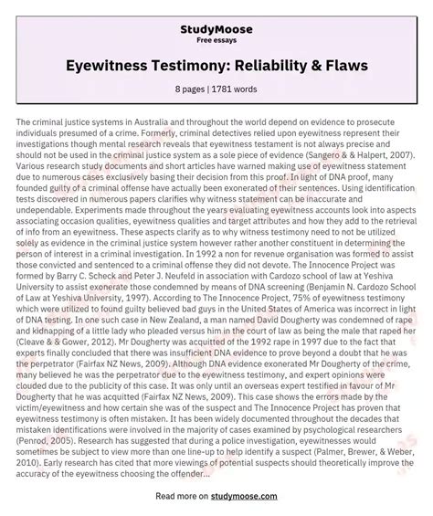 Eyewitness Testimony: Reliability & Flaws Free Essay Example