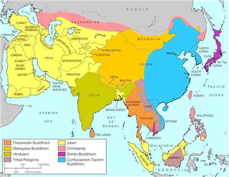 This map shows regions and those regions main religions | Asia map ...