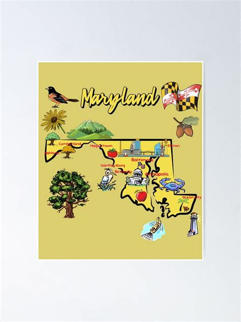 "Hand Drawn Illustration of Maryland Map with Tourist Destinations, attractions, USA" Poster by ...