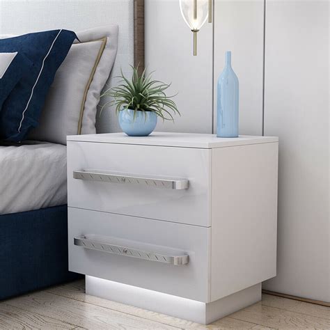 WOODYHOME Modern High Gloss LED Nightstand, 2 Drawers Bedside End Table ...