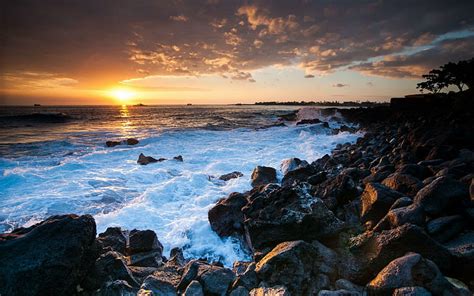 HD wallpaper: Landscapes Shore Coast Ocean Sky Sunset Waves High Quality, beaches | Wallpaper Flare