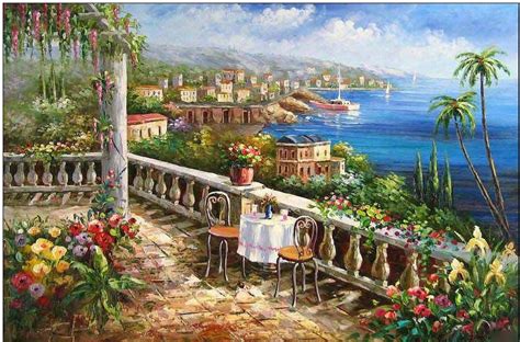 Mediterranean oil painting,Mediterranean Terrace View to the Bay | Mediterranean paintings ...