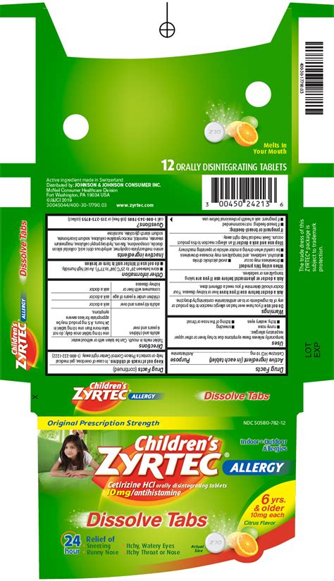 NDC 50580-782 Childrens Zyrtec Allergy Tablet, Orally Disintegrating Oral