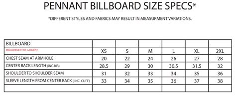 Pennant Sportswear Billboard Size Chart - Tennessee Shirt Company