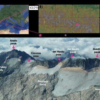 Location of the Aneto Glacier. (A) Map of Europe, with the pink... | Download Scientific Diagram