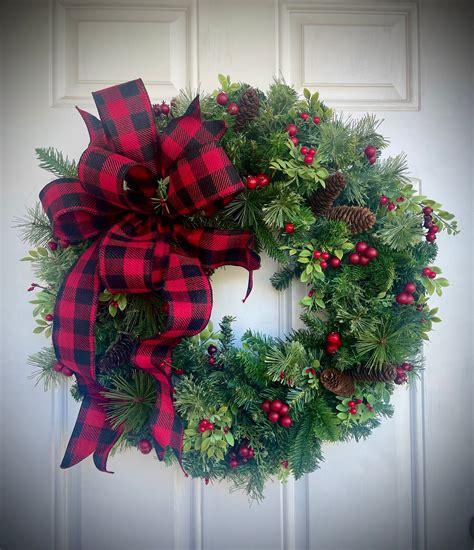 Evergreen Christmas Wreath. Buffalo Plaid Evergreen Wreath. Rustic Christmas Wreath.berries and ...