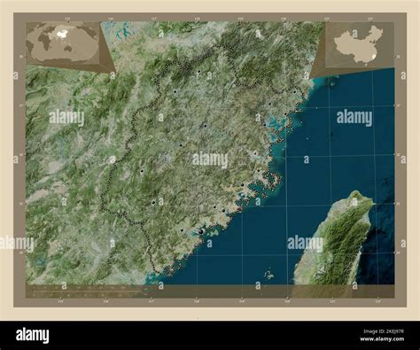 Fujian, province of China. High resolution satellite map. Locations of major cities of the ...