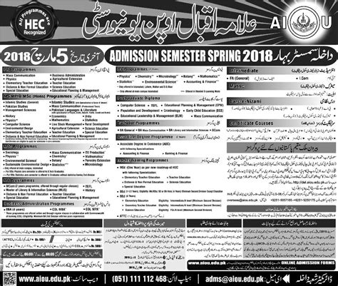 Admissions open in Allama Iqbal Open University from Matric to Ph.D ...