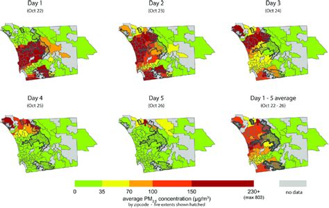 Map of San Diego County wildfire PM 2.5 by zip code, October 22-26 ...