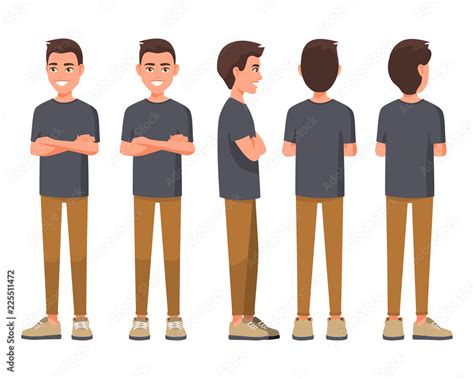 Vector illustration of smiling men in casual clothes with crossed arms. Cartoon realistic people ...