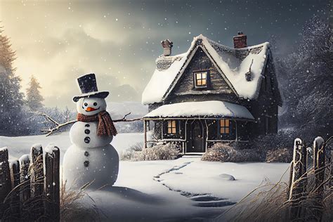 Snowy countryside day scene with wooden cottage and snowman at front ...