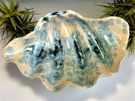 Large Clam Shell Bowl, Turquoise Blue Green, Ocean Sea Life Coastal Living Beach Decor, Handmade ...