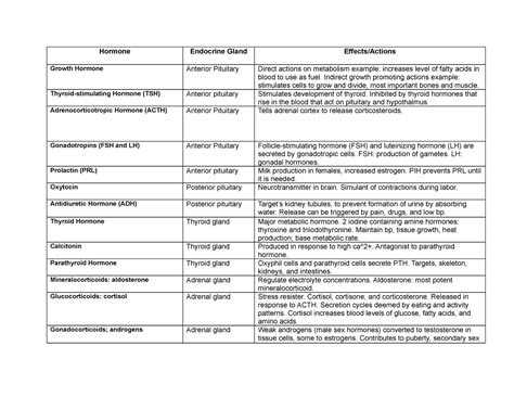 Endocrine Hormone Chart - Hormone Endocrine Gland Effects/Actions Growth Hormone Anterior ...