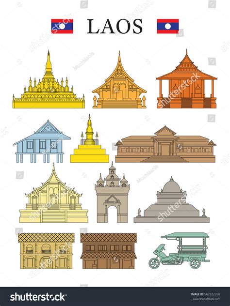 Laos Landmarks Culture Object Set Design Stock Vector (Royalty Free ...