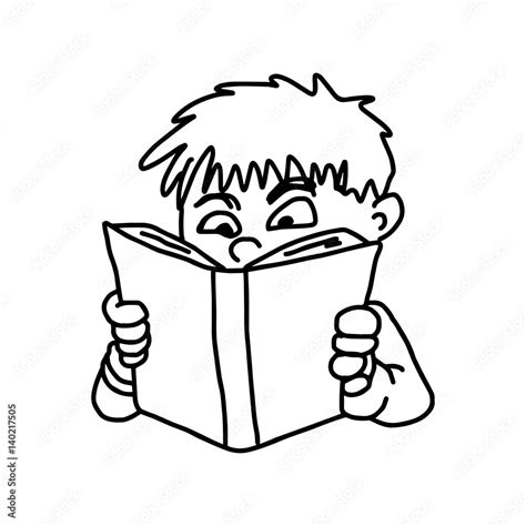 closeup little boy reading a book - vector illustration sketch hand ...