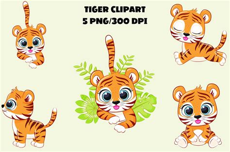 5 Cute Tiger Clipart Set, Baby Tiger PNG Sublimation Design Bundle, Little Tiger Clip Art ...