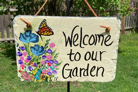 Painted garden sign Slate sign for garden Welcome to our | Etsy