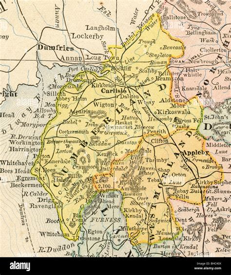 Original old map of Cumberland and Westmorland from 1884 geography textbook Stock Photo - Alamy