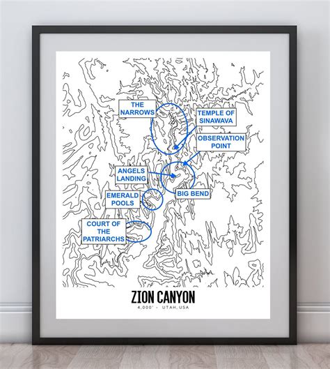 Zion Canyon Printable Topographic Map 16x20 Zion Map Zion NP | Etsy