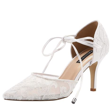 ERIJUNOR Ivory Lace Mesh Satin Bridal Wedding Shoes for Women Comfortable Mid Heel Tie Up Ankle ...