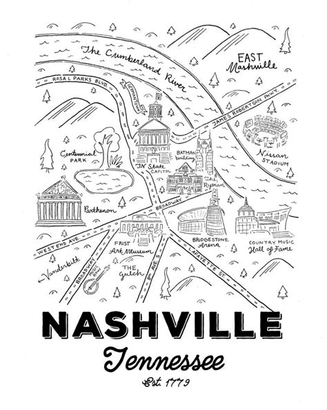 nashville tennessee map with the name and streets drawn in black ink on white paper by hand