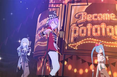 anime characters standing on stage in front of a sign