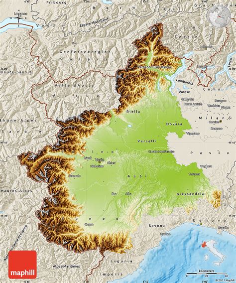 Physical Map of Piemonte, shaded relief outside