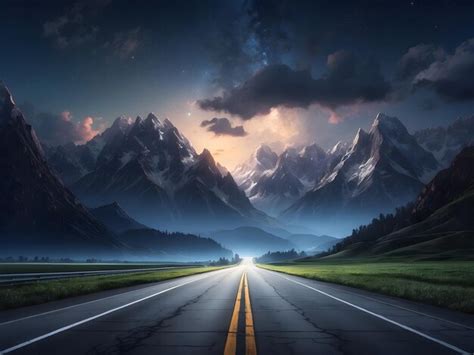 Premium Photo | Straight Highway and Mountain Night Landscape