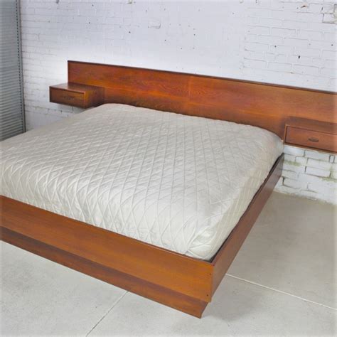 Vintage Scandinavian Modern Teak King Platform Bed with Attached Night ...