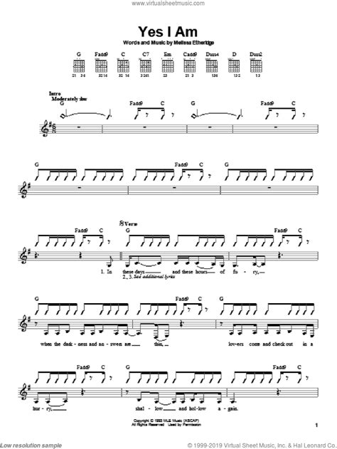 Etheridge - Yes I Am sheet music for guitar solo (chords) [PDF]