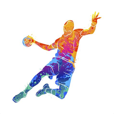 Abstract handball player jumping with the ball from splash of watercolors. Vector illustration ...