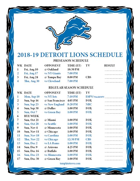 Printable 2018-2019 Detroit Lions Schedule