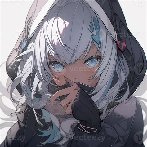 anime girl with white hair and blue eyes wearing a hoodie. generative ...