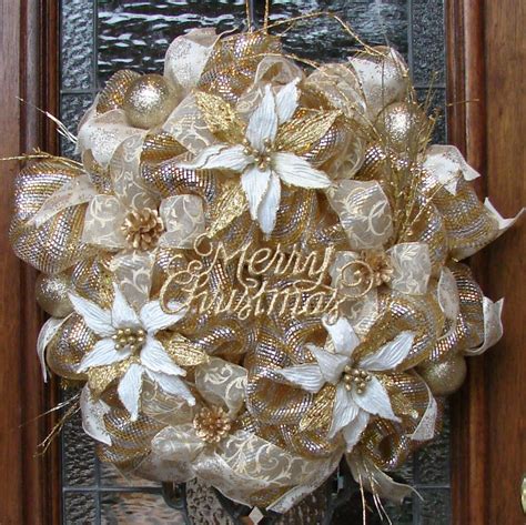 Christmas Wreath Deco Mesh Elegant Gold and Cream Poinsettia | Deco ...